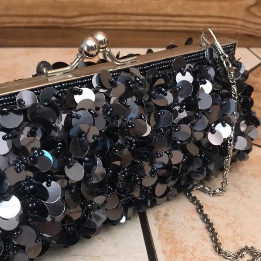 Vintage Y2K black sequin beaded clutch cocktail purse evening bag with chain - Picture 3 of 11